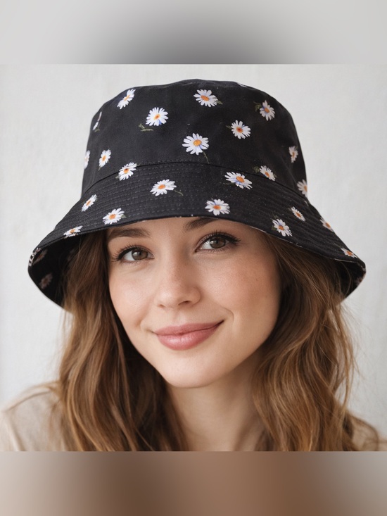 Alice + Olivia Accessories - Alice + Olivia Reversible Bucket Hat Black with Daisy Print / Solid White NEW